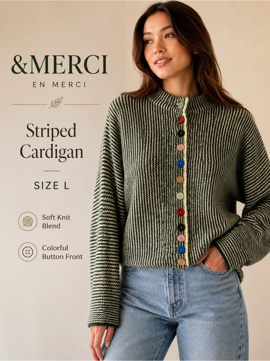 &merci Sweaters - Olive Striped Cardigan with Colorful Buttons